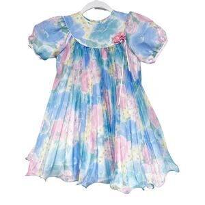 Vintage Isabella Girls Size 6 Pastel Watercolor Floral Babydoll Pleated Dress